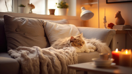 Cute ginger cat lying on sofa at home. Cozy atmosphereの素材
