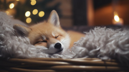 Cute little fox sleeping in basket near Christmas tree on blurred backgroundの素材