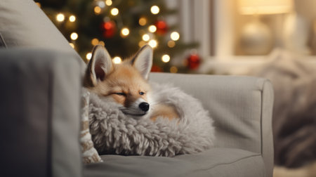 Cute little fox sleeping in basket near Christmas tree on blurred backgroundの素材