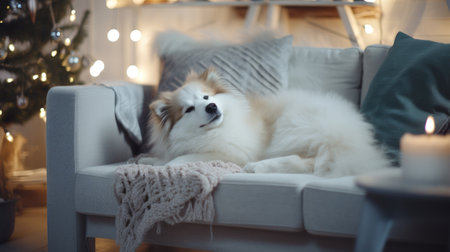 Cute Samoyed dog on sofa in room decorated for Christmasの素材