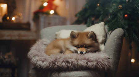 Cute little fox sleeping in basket near Christmas tree on blurred backgroundの素材