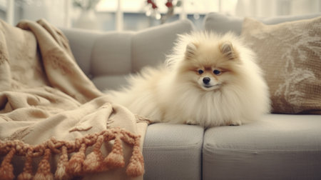 Pomeranian Spitz dog with wool blanket on sofa at homeの素材