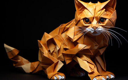 Orange origami cat on black background. Animal origami concept.の素材