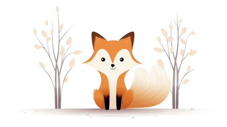 Cute cartoon fox with autumn leaves on white background.の素材