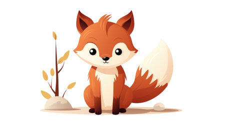 Cute cartoon fox sitting on ground with tree.の素材