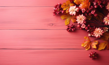 Autumn flowers frame on wooden background. Seasonal yellow and red flowers. Autumn background. Space for text.の素材