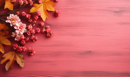 Autumn flowers frame on wooden background. Seasonal yellow and red flowers. Autumn background. Space for text.の素材