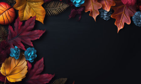 Autumn flowers frame on wooden background. Seasonal yellow and red flowers. Autumn background. Space for text.の素材
