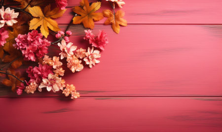 Autumn flowers frame on wooden background. Seasonal yellow and red flowers. Autumn background. Space for text.の素材