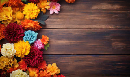 Autumn flowers frame on wooden background. Seasonal yellow and red flowers. Autumn background. Space for text.の素材
