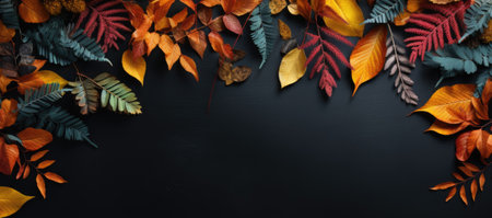 Autumn flowers frame on wooden background. Seasonal yellow and red flowers. Autumn background. Space for text.の素材