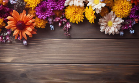 Autumn flowers frame on wooden background. Seasonal yellow and red flowers. Autumn background. Space for text.の素材