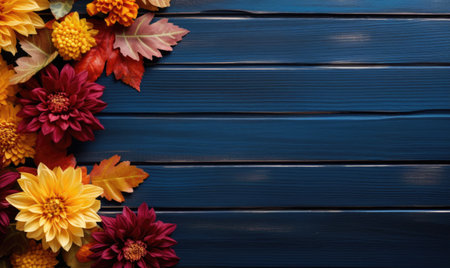 Autumn flowers frame on wooden background. Seasonal yellow and red flowers. Autumn background. Space for text.の素材