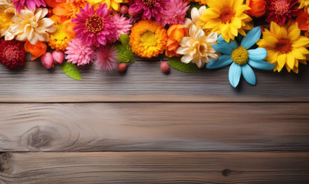 Autumn flowers frame on wooden background. Seasonal yellow and red flowers. Autumn background. Space for text.の素材