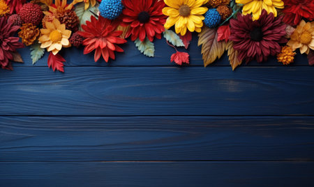 Autumn flowers frame on wooden background. Seasonal yellow and red flowers. Autumn background. Space for text.の素材