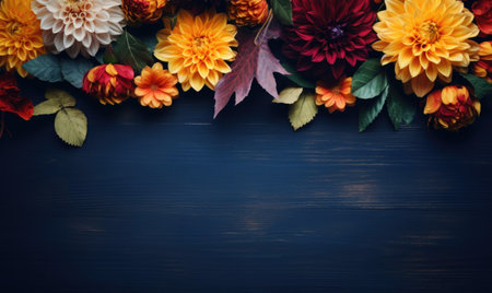 Autumn flowers frame on wooden background. Seasonal yellow and red flowers. Autumn background. Space for text.の素材