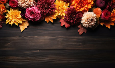 Autumn flowers frame on wooden background. Seasonal yellow and red flowers. Autumn background. Space for text.の素材