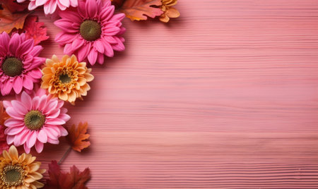 Autumn flowers frame on wooden background. Seasonal yellow and red flowers. Autumn background. Space for text.の素材