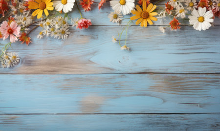 Autumn flowers frame on wooden background. Seasonal yellow and red flowers. Autumn background. Space for text.の素材