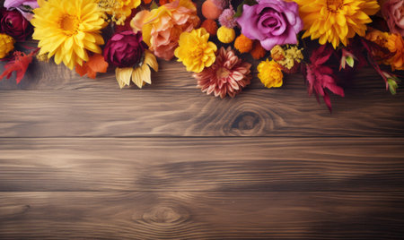 Autumn flowers frame on wooden background. Seasonal yellow and red flowers. Autumn background. Space for text.の素材