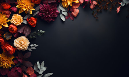 Autumn flowers frame on wooden background. Seasonal yellow and red flowers. Autumn background. Space for text.の素材