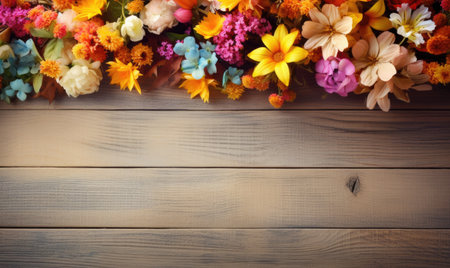 Autumn flowers frame on wooden background. Seasonal yellow and red flowers. Autumn background. Space for text.の素材