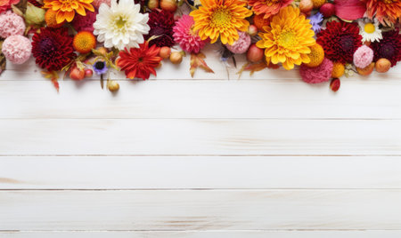 Autumn flowers frame on wooden background. Seasonal yellow and red flowers. Autumn background. Space for text.の素材