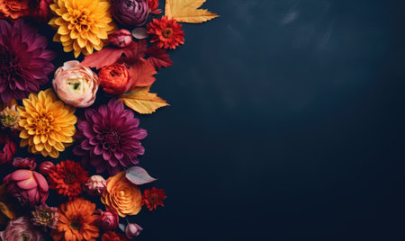Autumn flowers frame on wooden background. Seasonal yellow and red flowers. Autumn background. Space for text.の素材
