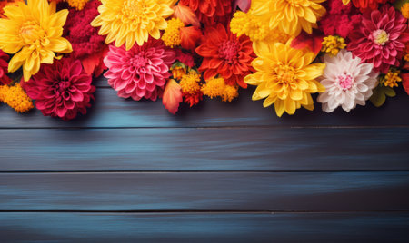 Autumn flowers frame on wooden background. Seasonal yellow and red flowers. Autumn background. Space for text.の素材