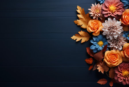 Autumn flowers frame on wooden background. Seasonal yellow and red flowers. Autumn background. Space for text.の素材
