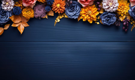 Autumn flowers frame on wooden background. Seasonal yellow and red flowers. Autumn background. Space for text.の素材