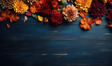 Autumn flowers frame on wooden background. Seasonal yellow and red flowers. Autumn background. Space for text.の素材