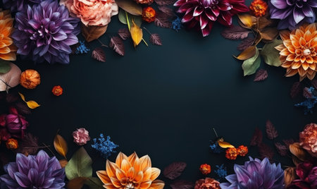 Autumn flowers frame on wooden background. Seasonal yellow and red flowers. Autumn background. Space for text.の素材