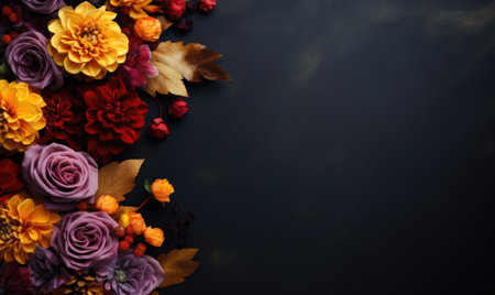 Autumn flowers frame on wooden background. Seasonal yellow and red flowers. Autumn background. Space for text.の素材