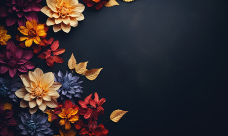 Autumn flowers frame on wooden background. Seasonal yellow and red flowers. Autumn background. Space for text.の素材