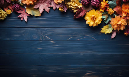 Autumn flowers frame on wooden background. Seasonal yellow and red flowers. Autumn background. Space for text.の素材