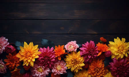 Autumn flowers frame on wooden background. Seasonal yellow and red flowers. Autumn background. Space for text.の素材
