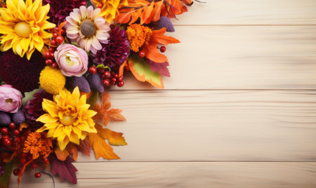 Autumn flowers frame on wooden background. Seasonal yellow and red flowers. Autumn background. Space for text.の素材