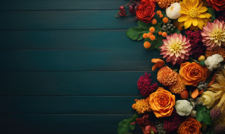 Autumn flowers frame on wooden background. Seasonal yellow and red flowers. Autumn background. Space for text.の素材