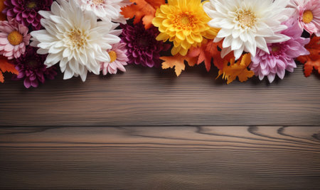 Autumn flowers frame on wooden background. Seasonal yellow and red flowers. Autumn background. Space for text.の素材