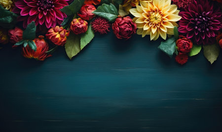 Autumn flowers frame on wooden background. Seasonal yellow and red flowers. Autumn background. Space for text.の素材