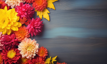 Autumn flowers frame on wooden background. Seasonal yellow and red flowers. Autumn background. Space for text.の素材