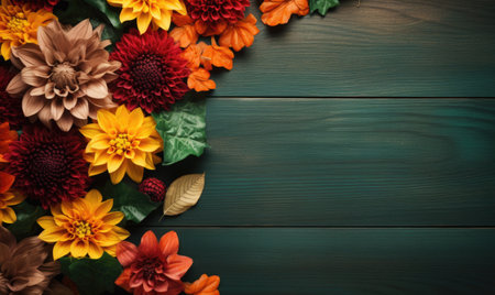 Autumn flowers frame on wooden background. Seasonal yellow and red flowers. Autumn background. Space for text.の素材