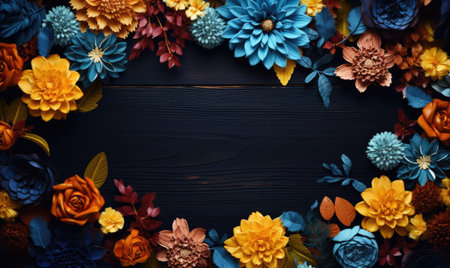 Autumn flowers frame on wooden background. Seasonal yellow and red flowers. Autumn background. Space for text.の素材