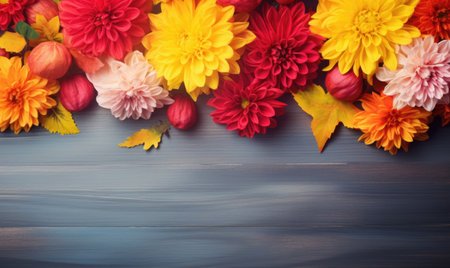 Autumn flowers frame on wooden background. Seasonal yellow and red flowers. Autumn background. Space for text.の素材