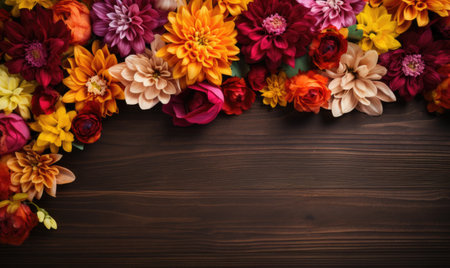 Autumn flowers frame on wooden background. Seasonal yellow and red flowers. Autumn background. Space for text.の素材