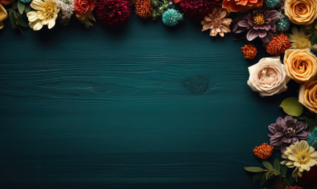 Autumn flowers frame on wooden background. Seasonal yellow and red flowers. Autumn background. Space for text.の素材