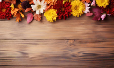 Autumn flowers frame on wooden background. Seasonal yellow and red flowers. Autumn background. Space for text.の素材