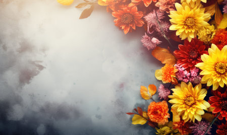 Autumn flowers frame on wooden background. Seasonal yellow and red flowers. Autumn background. Space for text.の素材