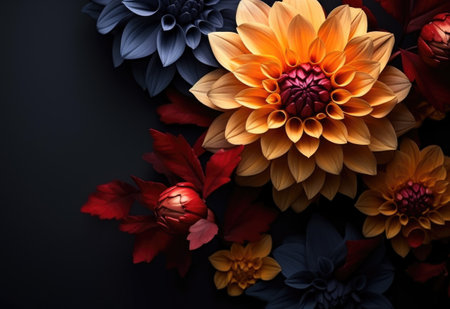 Autumn flowers frame on wooden background. Seasonal yellow and red flowers. Autumn background. Space for text.の素材